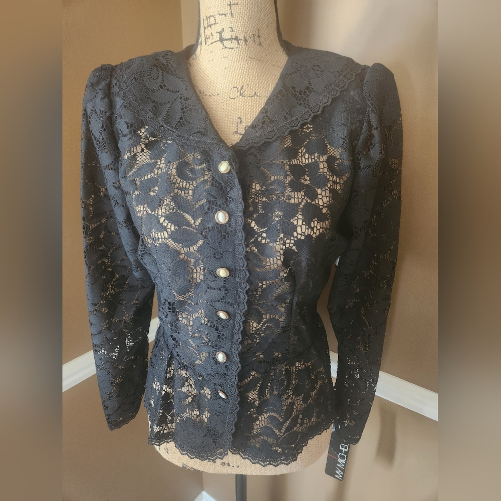 NWT Vintage My Michelle Elegant‎ Black Lace Button-Up Blouse